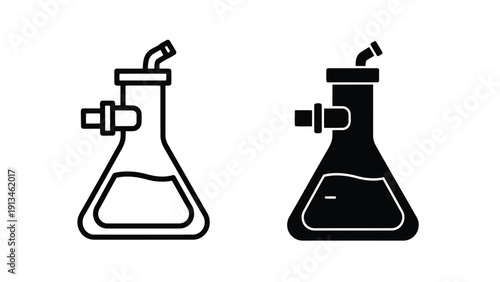 Two black and white illustrations depict conical flasks one outlined and one filled with stoppers
