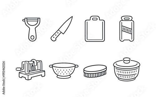 Kitchen vegetable prep tools: vegetable peeler, chef knife, cutting board, julienne slicer, spiralizer, colander, produce brush, salad spinner.