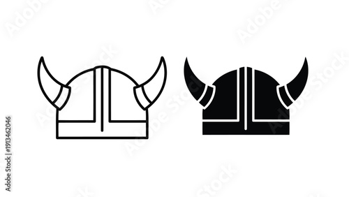 Two black and white line art depictions of viking helmets with prominent curved horns are shown