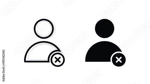 Simple black and white illustration depicts two user icons one outlined and one solid both with x marks