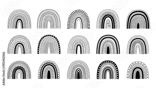 A collection of monochrome arched rainbows with varying striped patterns and differing widths