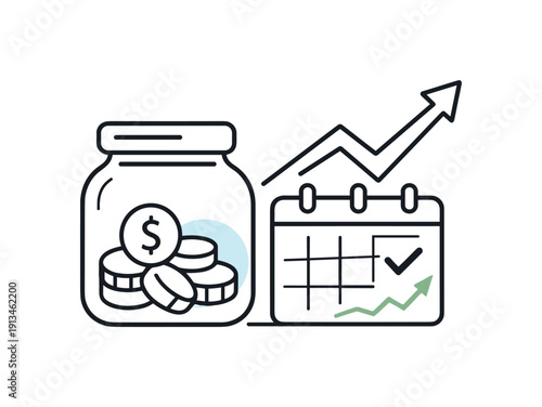 Long term financial stability and responsible money management in everyday personal planning emphasizing foresight, a simple savings jar beside a calendar and upward arrow