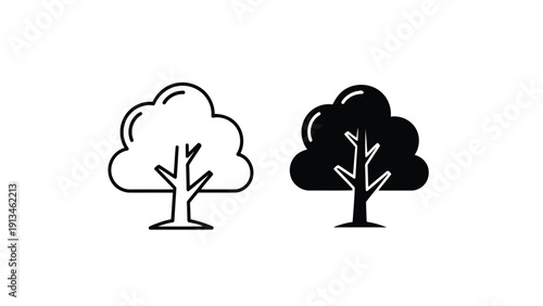 Two stylized trees are depicted in black and white showcasing contrasting visual representations