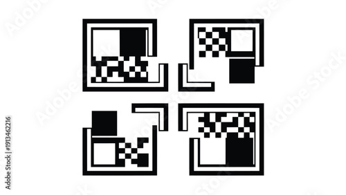 A series of four interconnected black and white abstract designs resembling fragmented windows
