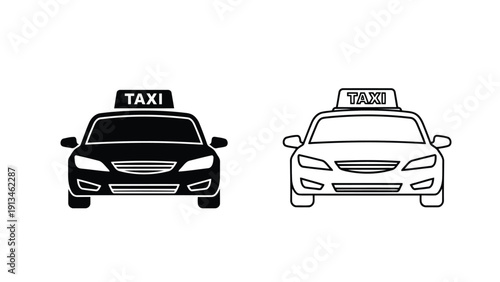 A black and white illustration depicts two front views of classic taxi vehicle designs