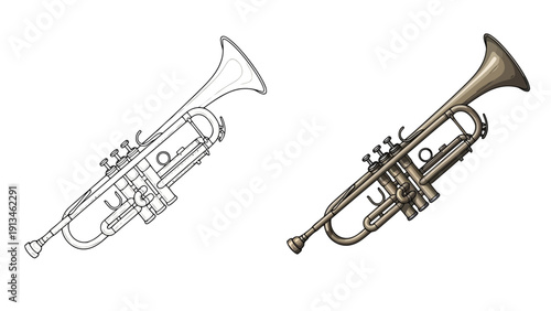 A detailed comparison showcasing a trumpet in both line art and a shaded metallic depiction