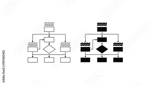 Two contrasting flowcharts depict hierarchical structures with varying shapes and color schemes high quality