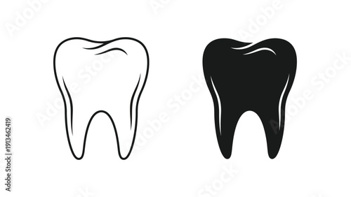 A black and white illustration depicting two stylized human teeth in contrasting shades