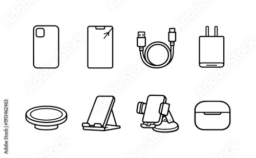 Mobile device accessories: smartphone case, screen protector, charging cable, power adapter, wireless charger, phone stand, car mount, earbud case.