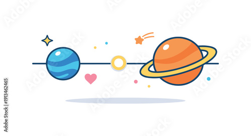 Invisible alignment of timing and opportunity framed as cosmic coincidence, two distant planets momentarily lining up along a single axis symbolizing right place at the right time,