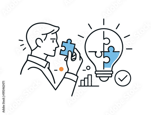 Focused problem solving and analytical thinking in a modern professional workflow emphasizing clarity and logic, a person examining a puzzle piece aligned with a light bulb