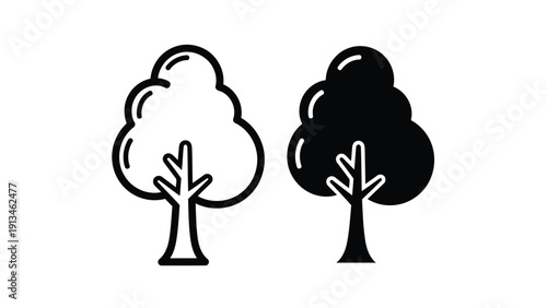 A simple black and white illustration depicts two stylized trees with differing fill