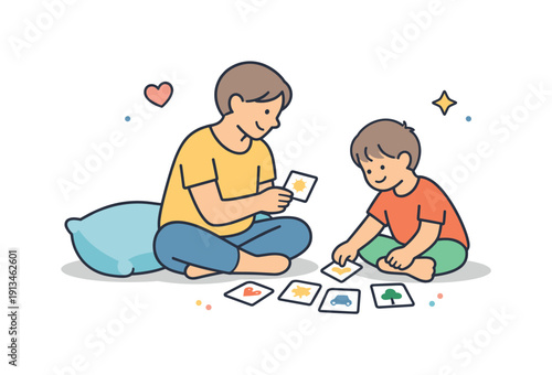 Quiet family afternoon at home focused on shared presence and gentle everyday togetherness, a parent and child sitting on the floor sorting simple picture cards with a nearby