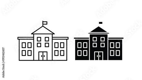 A simple black and white illustration depicts two distinct building facades resembling schools or institutions
