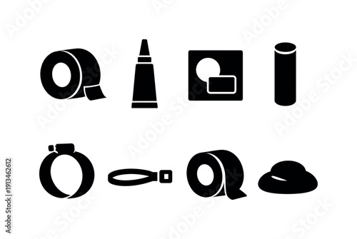 Home emergency repair kit: duct tape roll, super glue tube, patch kit, putty stick, hose clamp, cable tie, sealing tape, repair putty.