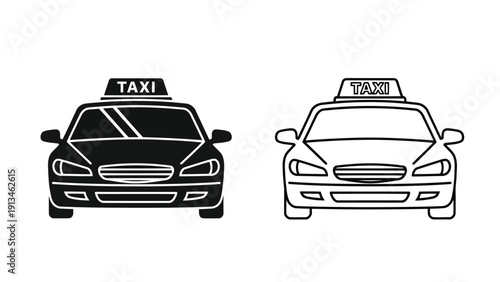 Two black and white illustrations showcase frontal views of classic taxi vehicles with illuminated signs