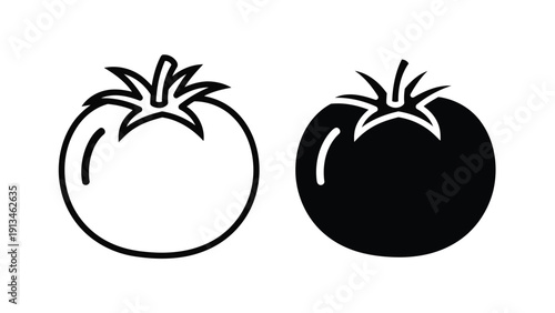 A simple black and white illustration showcases two stylized tomato icons one light and one dark