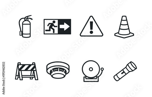 Safety compliance signage and tools in outline style: fire extinguisher, emergency exit sign, warning sign, safety cone, floor barrier, smoke detector, alarm bell, flashlight.