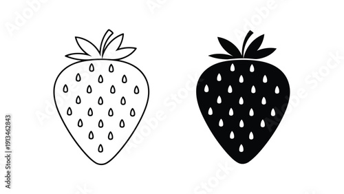 Two black and white illustrations depict fresh strawberries with visible seeds and green leafy tops
