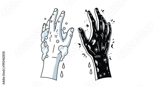 A contrasting depiction of a skeletal hand and a dark starry hand reaching towards each other