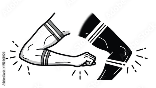 A black and white illustration depicts a muscular arm flexing showcasing strength and physical exertion