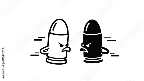 Two cartoon bullets one white and one black display angry expressions facing each other