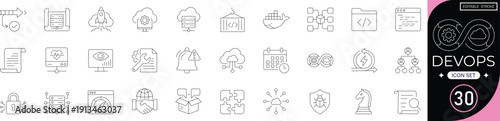 devops icon set: software development, automation, agile, workflow, vector, line icon, infrastructure, integration, coding, system, editable vector illustration for technical design.