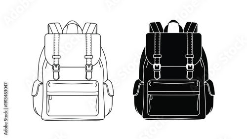 A black and white illustration showcases two similar backpacks one light and one dark