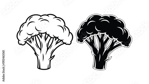 A black and white illustration depicts two broccoli florets one light and one dark