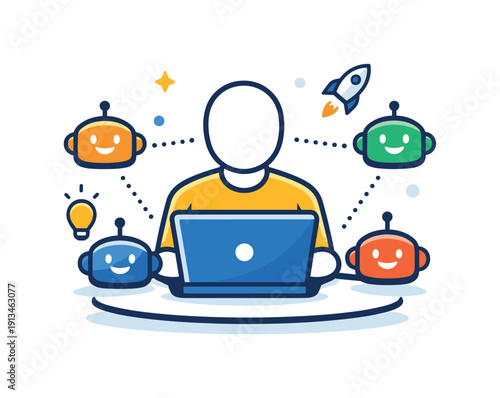 One person businesses and solo founders using AI leverage to replace teams and scale output independently, a compact personal workspace icon with a laptop and several small helper