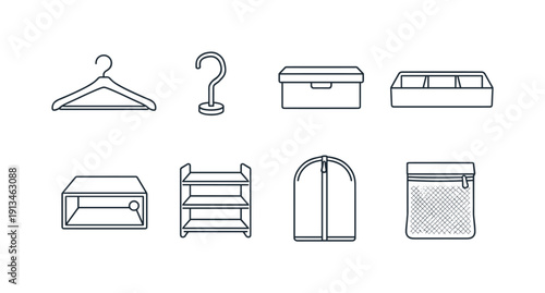 Home wardrobe accessories: clothes hanger, hanger hook, storage box, drawer divider, shoe box, shelf organizer, garment cover, laundry bag.