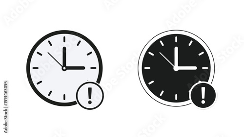 Two contrasting clocks with exclamation points emphasize urgency and the concept of time
