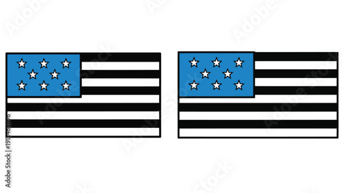 Two stylized american flags are depicted featuring a blue canton with white stars on black and white stripes