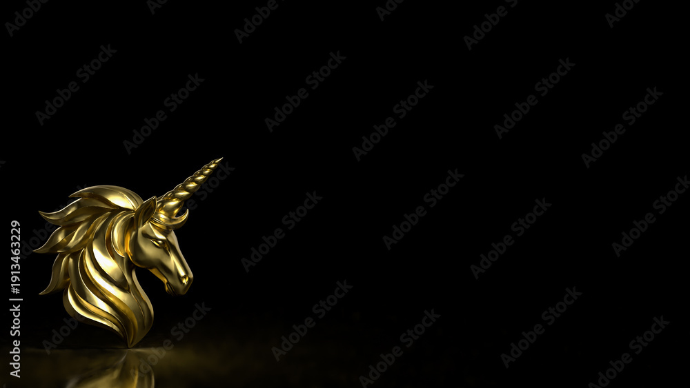 Fototapeta premium Golden Unicorn Symbol Of Vision And Exclusive Power 3d render.