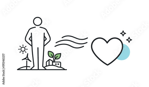Mindful daily wellbeing and stress balance in everyday work life focused on sustainability, a calm standing figure beside a heart and gentle breathing lines symbolizing emotional