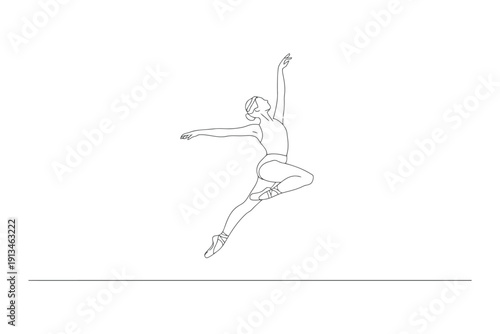 Line of a ballet dancer in mid jump with raised arms and pointed toes line black and white monochrome