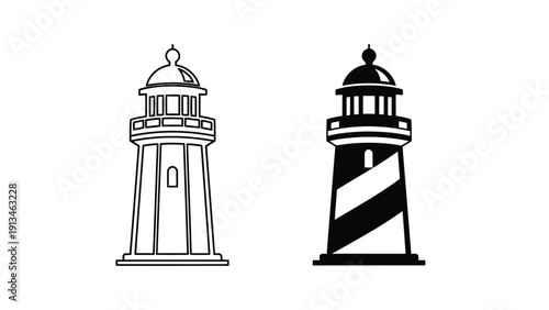 Two distinct black and white lighthouse illustrations are presented showcasing differing architectural designs
