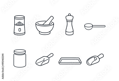 Home spice grinding tools: spice grinder, mortar, pestle, spice mill, measuring spoon, storage jar, scoop spoon, countertop tray.