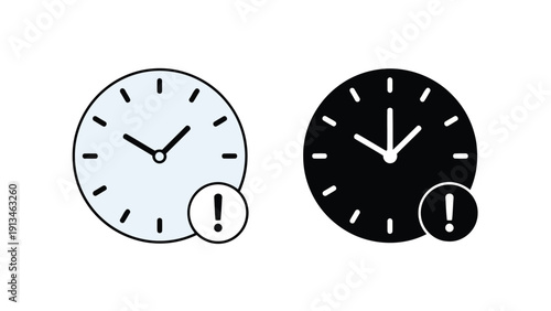 Two clock icons one light blue and one black both displaying time with exclamation points