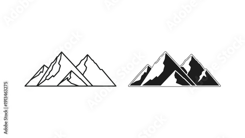 Minimalist black and white illustration depicts two distinct mountain range designs with triangular forms