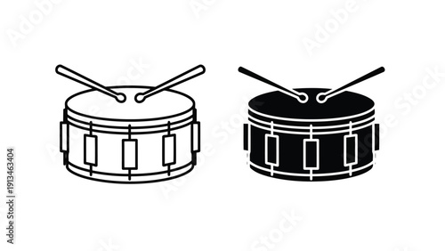 Simple black and white illustration depicting two snare drums with drumsticks emphasizing musical percussion