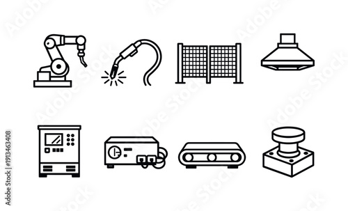 Industrial robotic assembly station: robotic arm, welding torch, safety fence, control cabinet, exhaust hood, power supply, conveyor belt, emergency stop button.