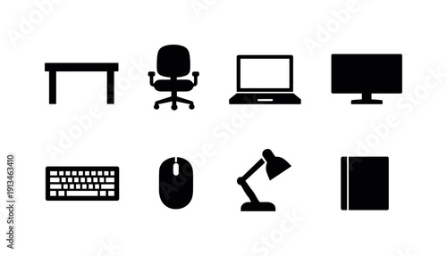 Office desk basics: office desk, office chair, laptop, monitor, keyboard, mouse, desk lamp, notebook.