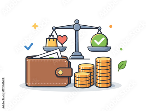Personal financial planning and expense control in everyday life highlighting responsibility and awareness, a wallet combined with stacked coins and a simple balance scale