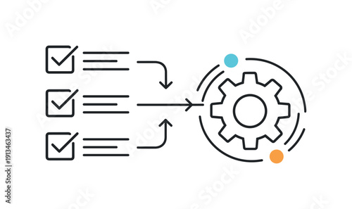 Digital task organization and workflow automation in a modern business environment highlighting efficiency and structure, interconnected checkboxes flowing into a single gear