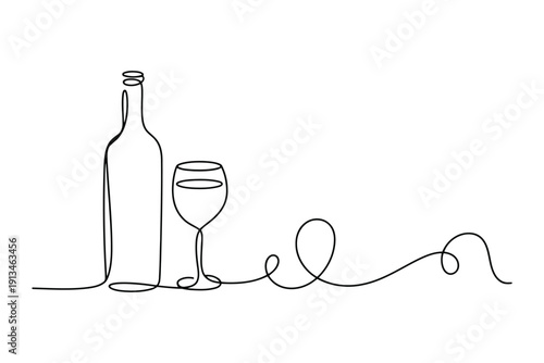 Minimalist black and white line of a wine bottle and glass with continuous single line continuous line
