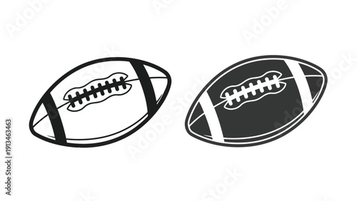 A black and white illustration depicting two american footballs one outlined and one solid