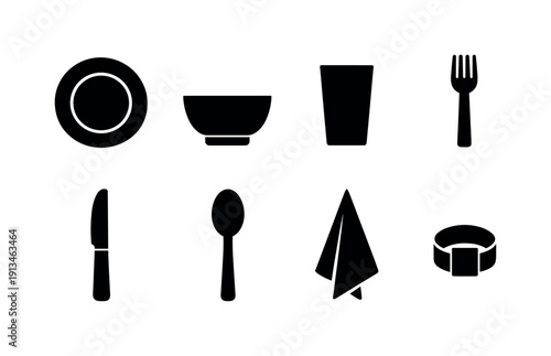Home dining table items: dinner plate, soup bowl, drinking glass, fork, knife, spoon, napkin, napkin ring.
