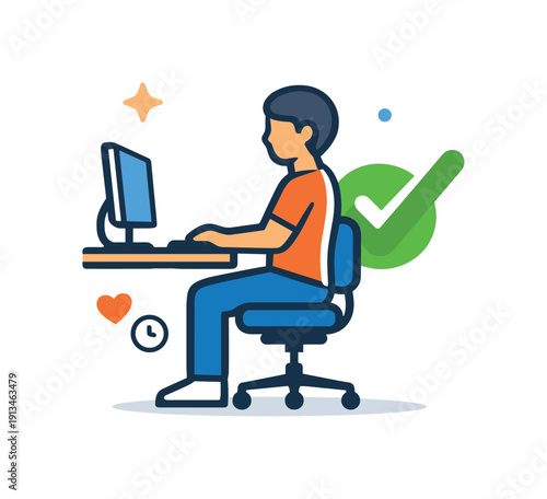 Healthy posture awareness and ergonomic work habits in daily desk routines emphasizing comfort and prevention, a seated figure aligned with a straight spine and a subtle checkmark