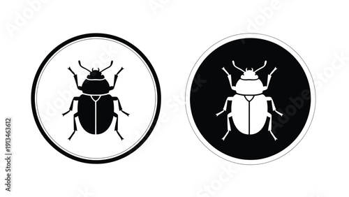 Two stylized black and white depictions of beetles are presented within circular frames